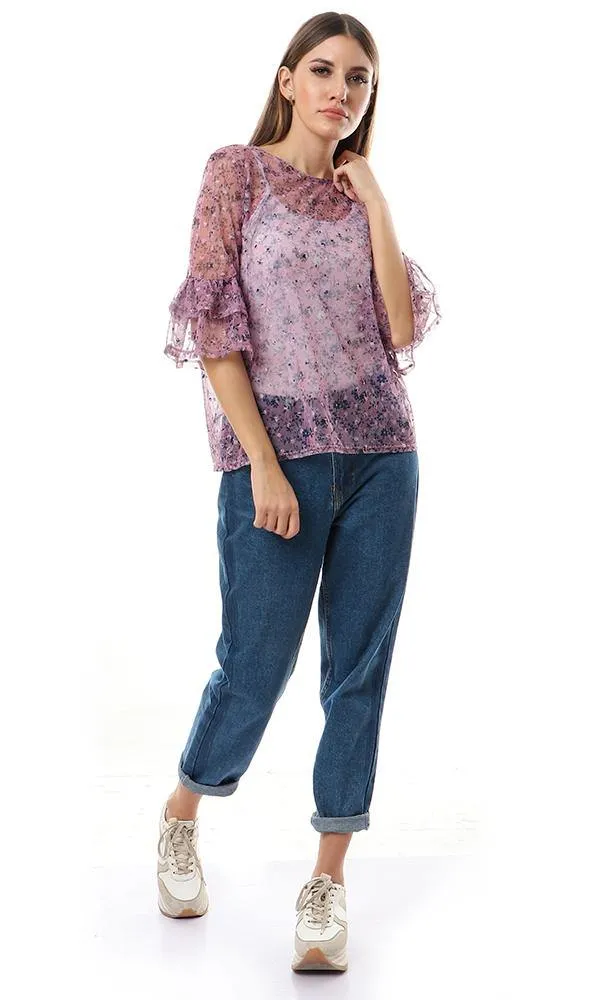 57710 Cheer Bell Sleeves Floral Mauve Bloue