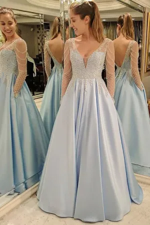 A-Line Deep V-Neck Floor-Length Long Sleeves Light Blue Satin Backless Beaded Prom Dress LRA391