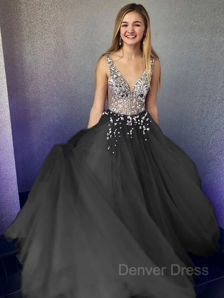A-Line V-neck Floor-Length Tulle Evening Dresses With Beading