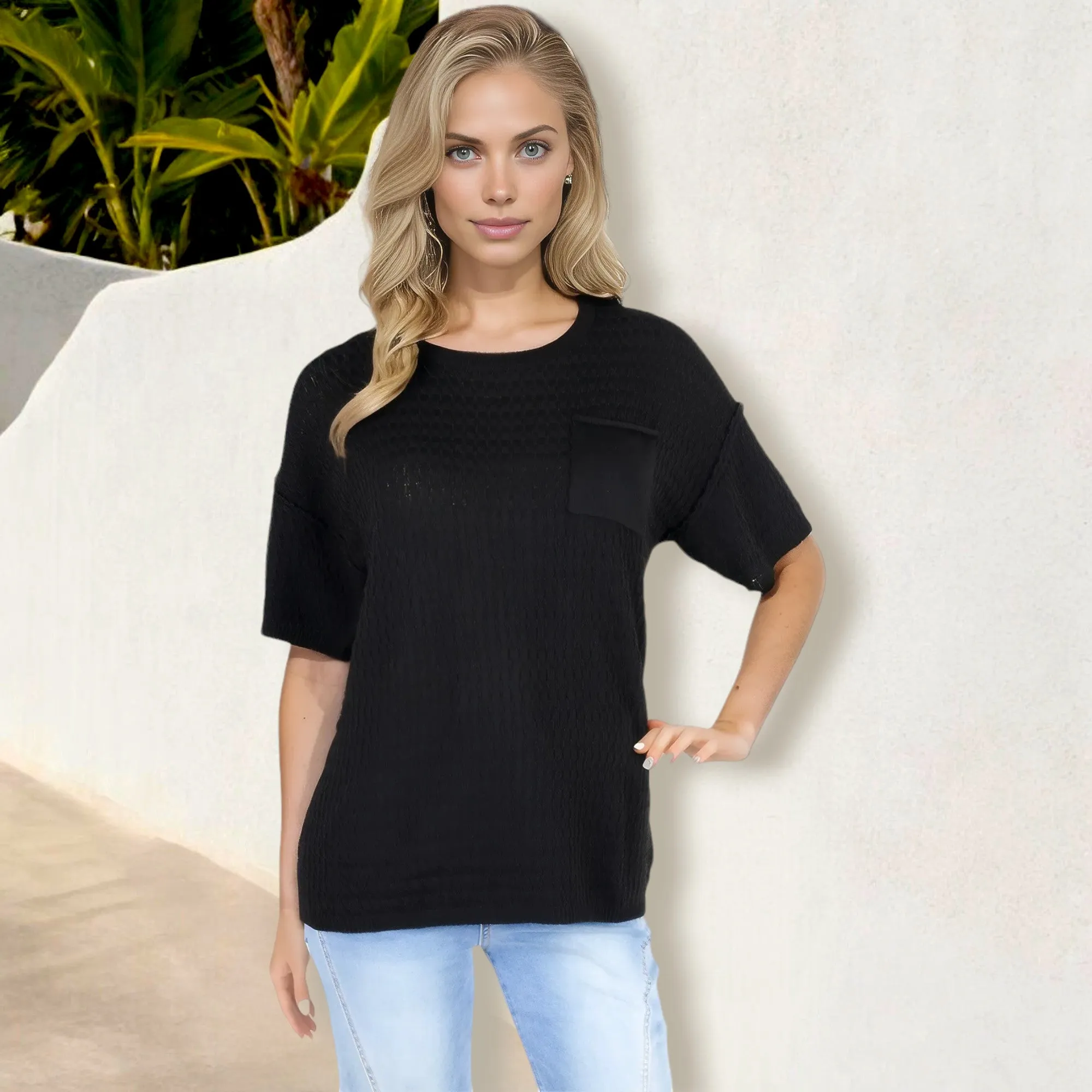 Anna-Kaci Women's Waffle Knit Short Sleeve T-Shirt with Chest Pocket