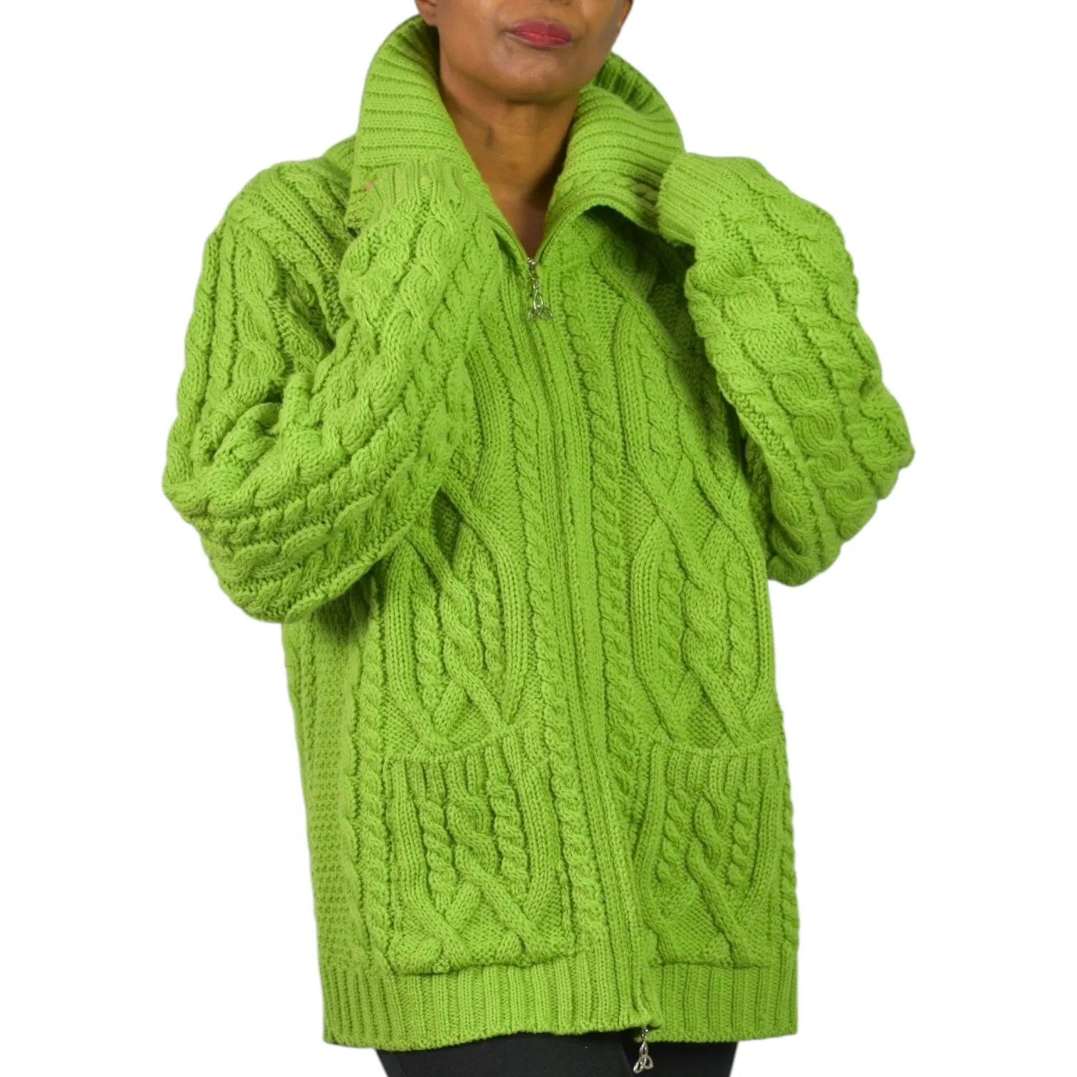 Aran Crafts Zip Front Sweater Green Wool Cardigan Irish Cable Knit Chunky Large