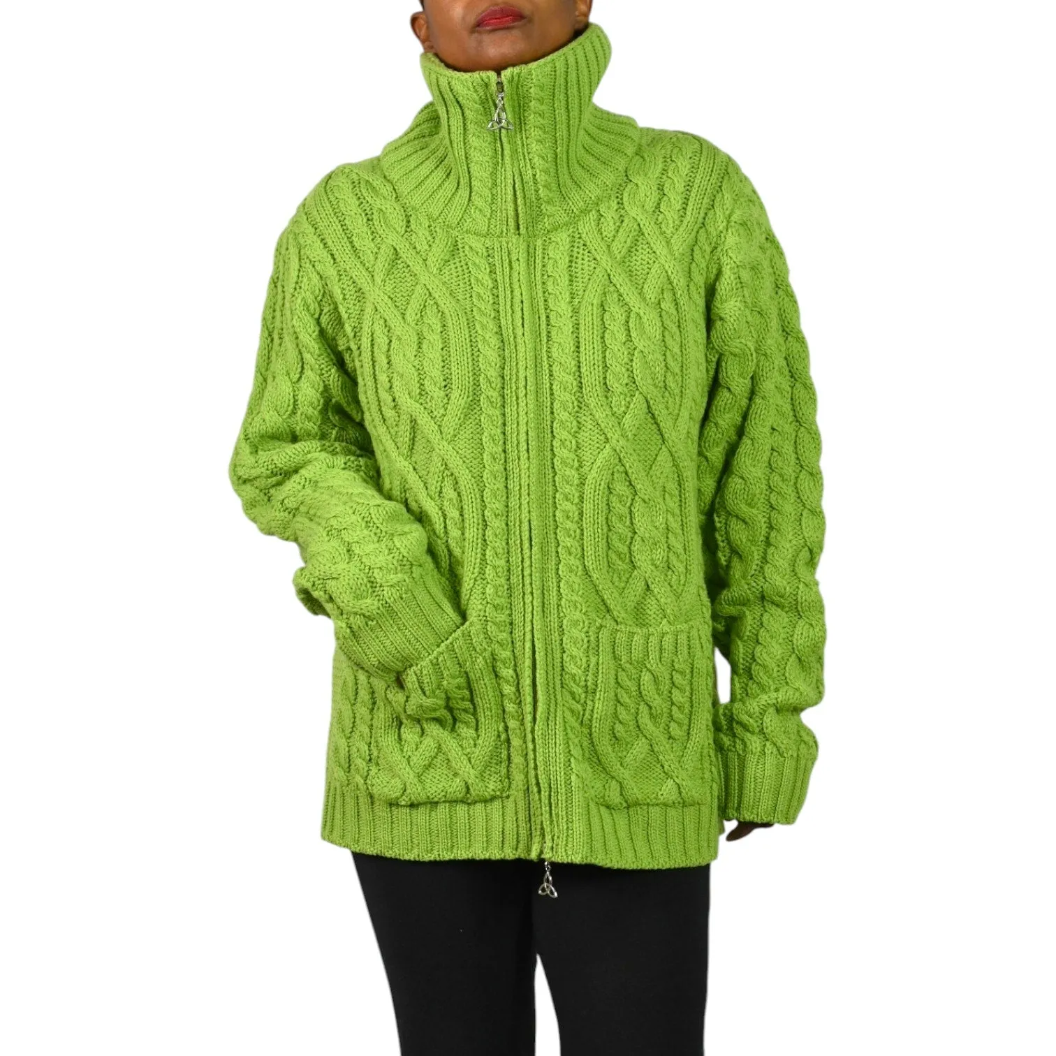 Aran Crafts Zip Front Sweater Green Wool Cardigan Irish Cable Knit Chunky Large