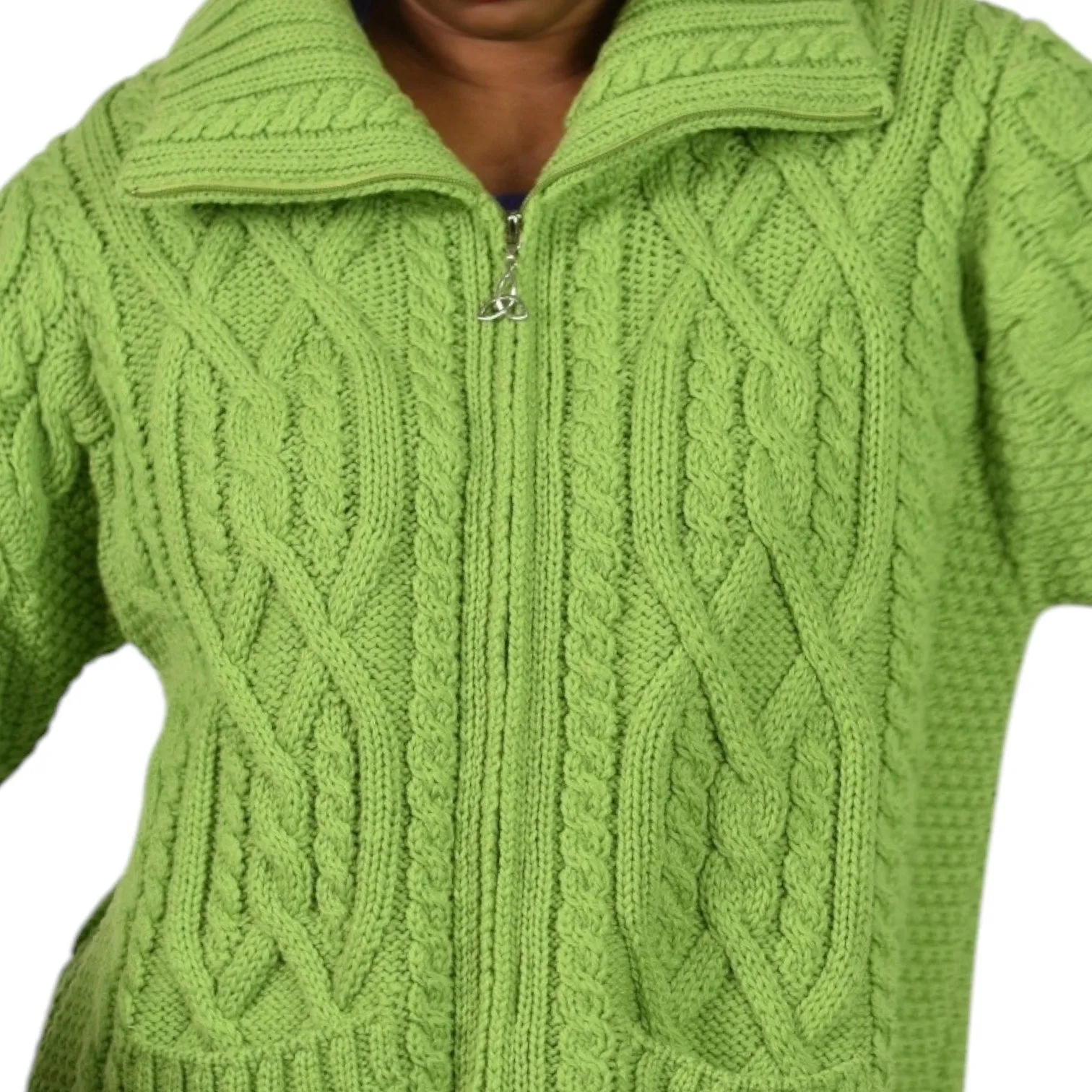 Aran Crafts Zip Front Sweater Green Wool Cardigan Irish Cable Knit Chunky Large