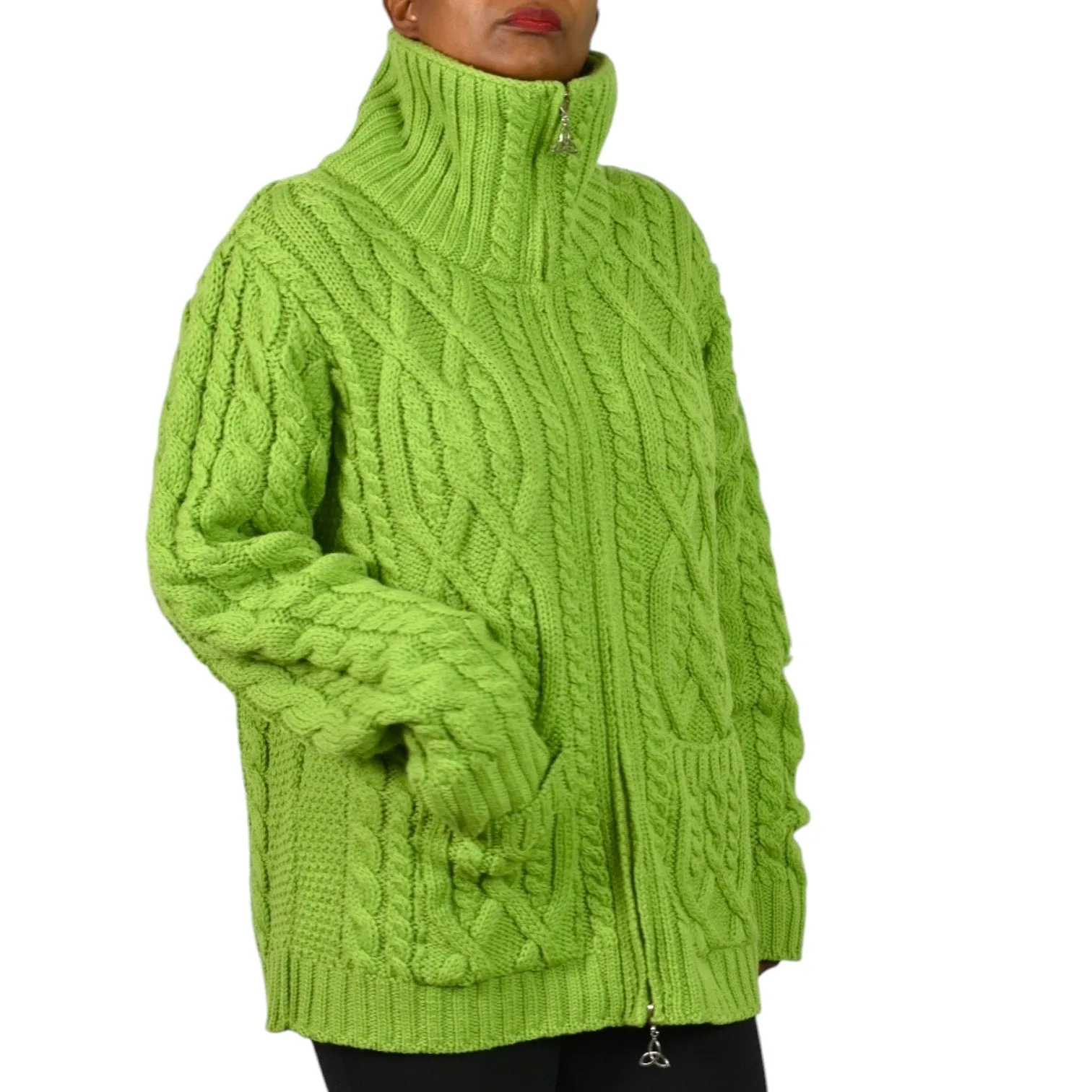 Aran Crafts Zip Front Sweater Green Wool Cardigan Irish Cable Knit Chunky Large