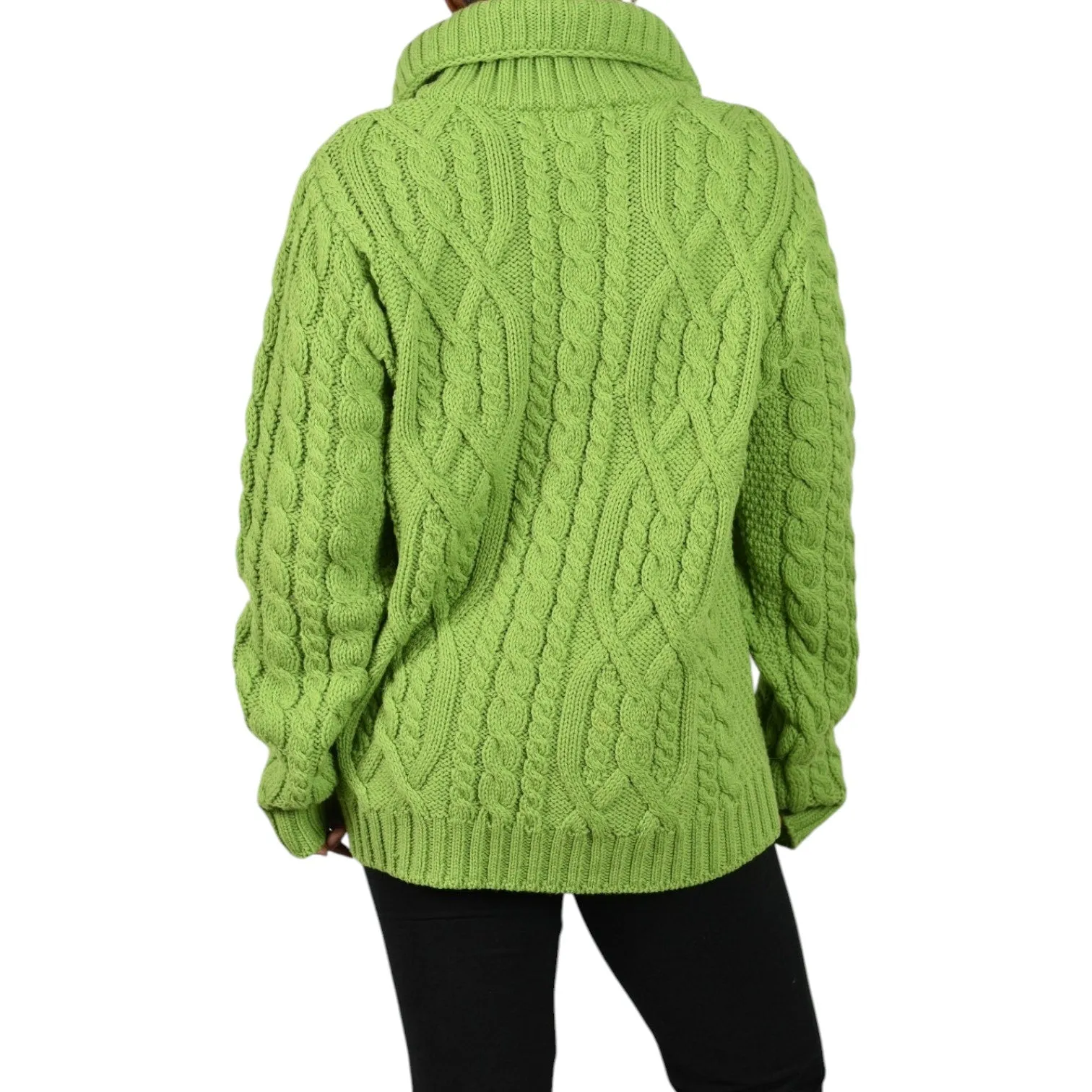 Aran Crafts Zip Front Sweater Green Wool Cardigan Irish Cable Knit Chunky Large