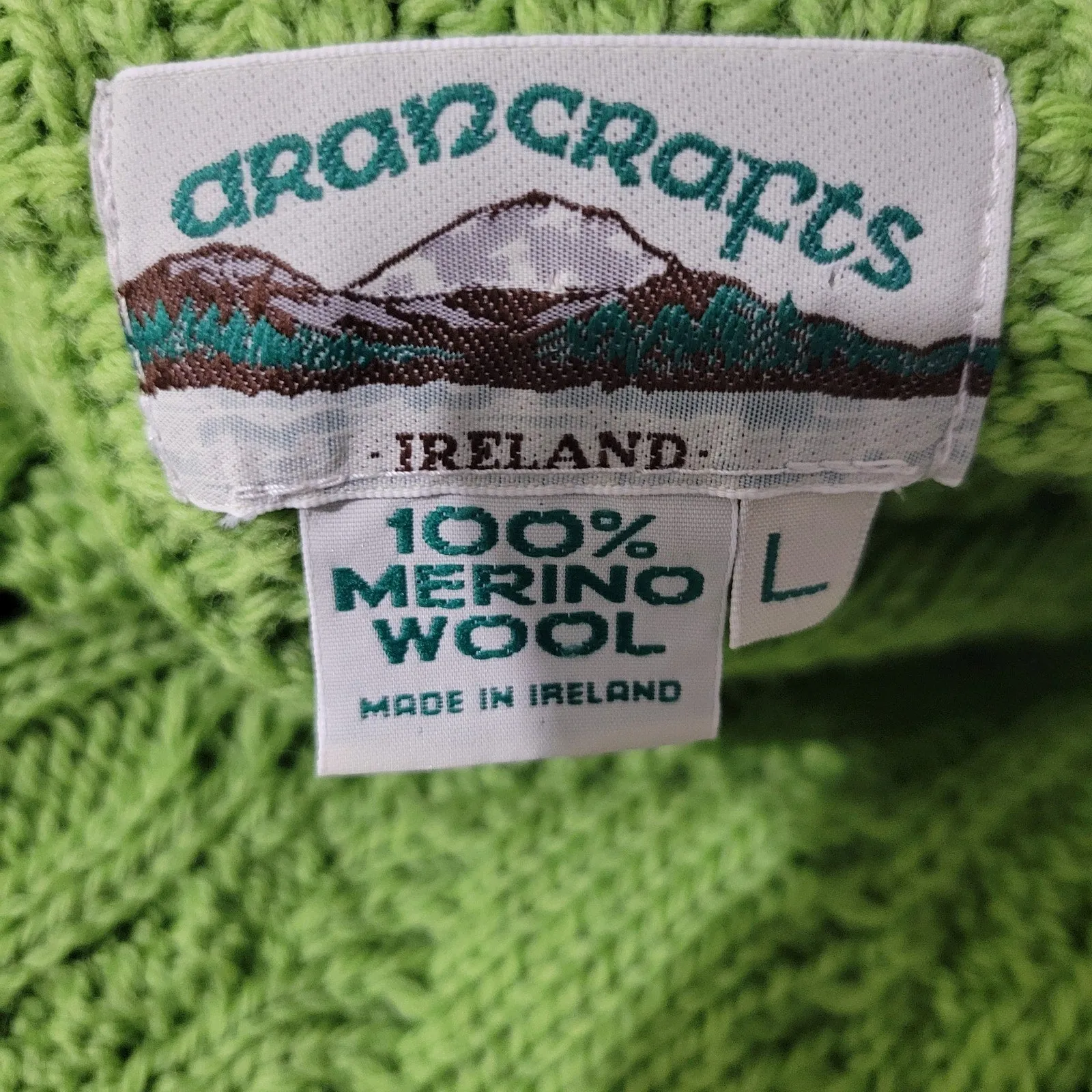 Aran Crafts Zip Front Sweater Green Wool Cardigan Irish Cable Knit Chunky Large
