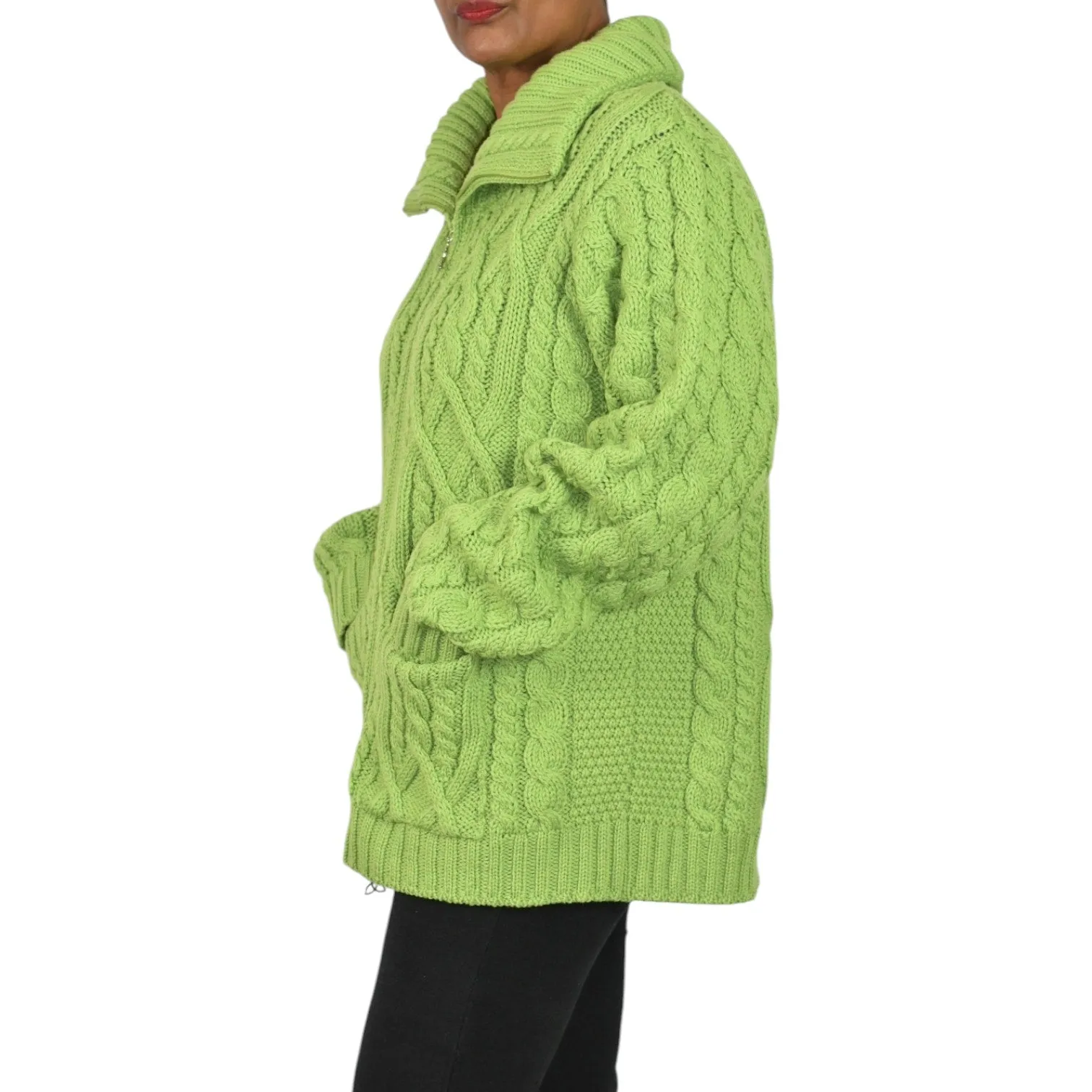 Aran Crafts Zip Front Sweater Green Wool Cardigan Irish Cable Knit Chunky Large