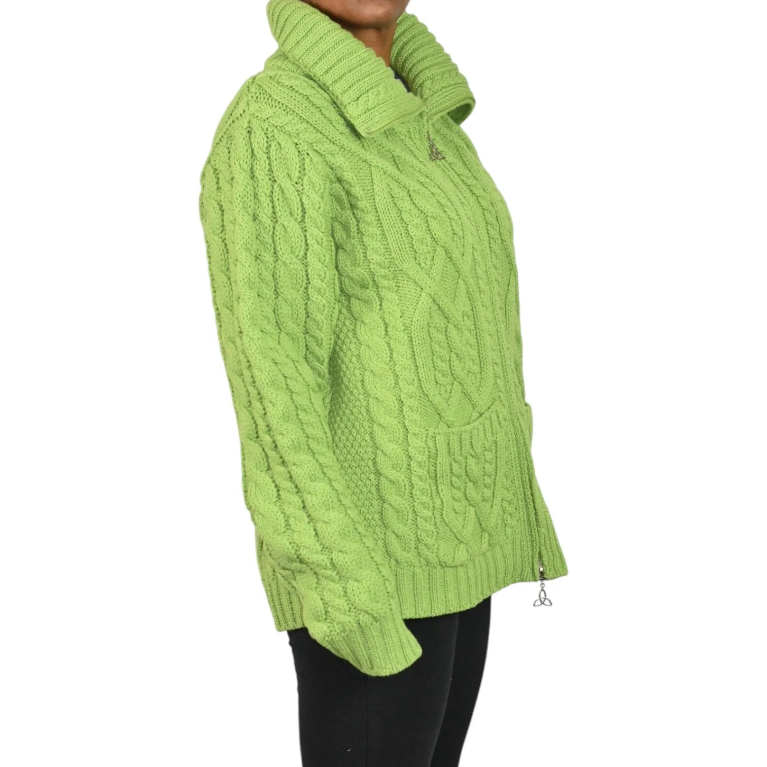 Aran Crafts Zip Front Sweater Green Wool Cardigan Irish Cable Knit Chunky Large