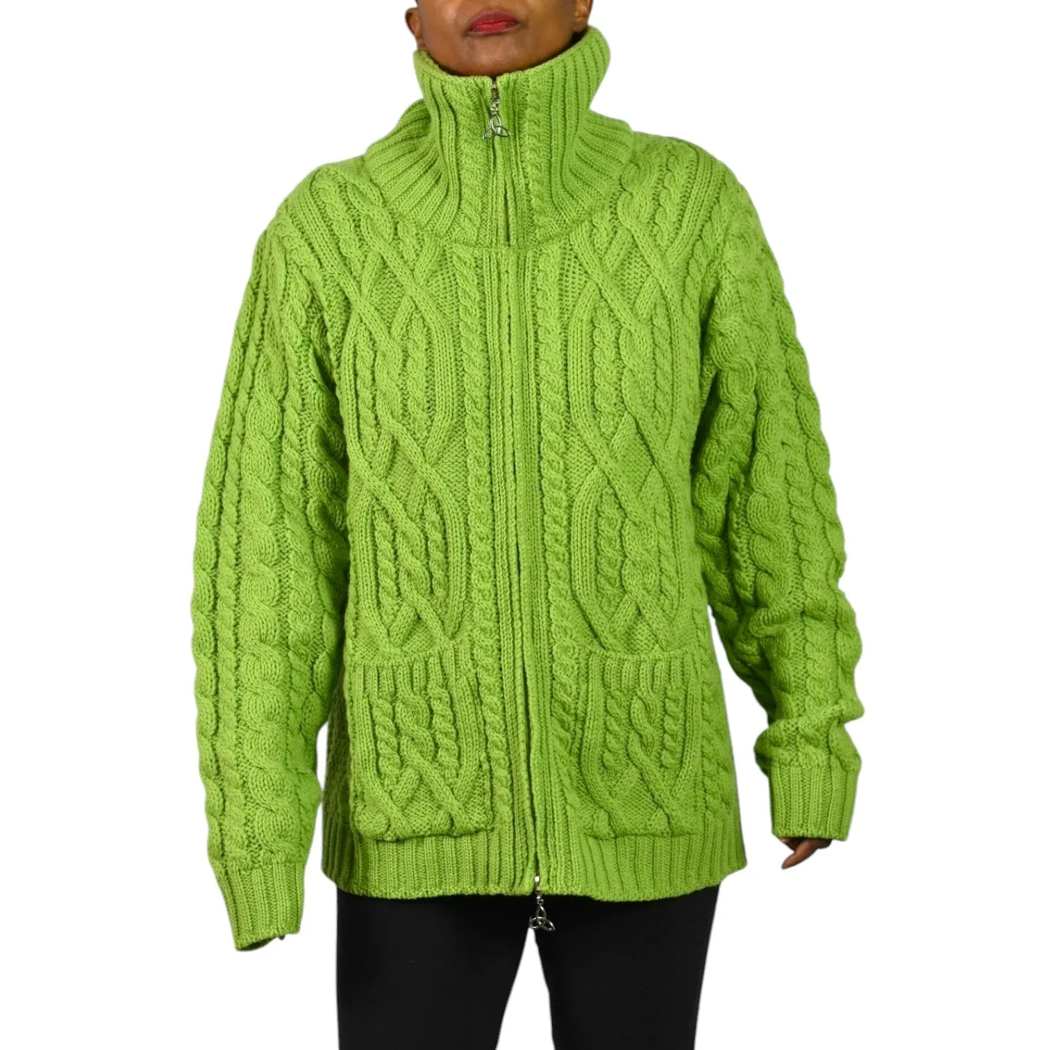 Aran Crafts Zip Front Sweater Green Wool Cardigan Irish Cable Knit Chunky Large