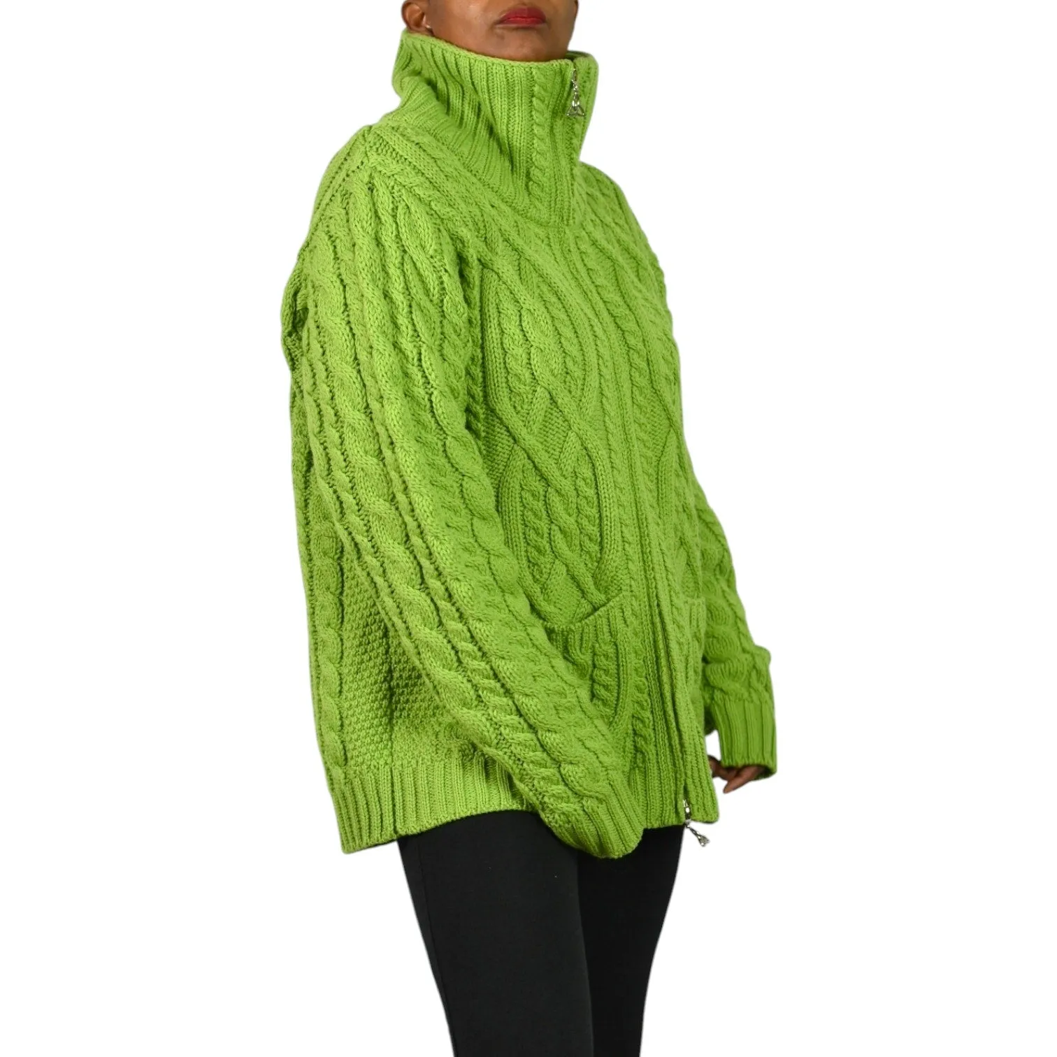 Aran Crafts Zip Front Sweater Green Wool Cardigan Irish Cable Knit Chunky Large