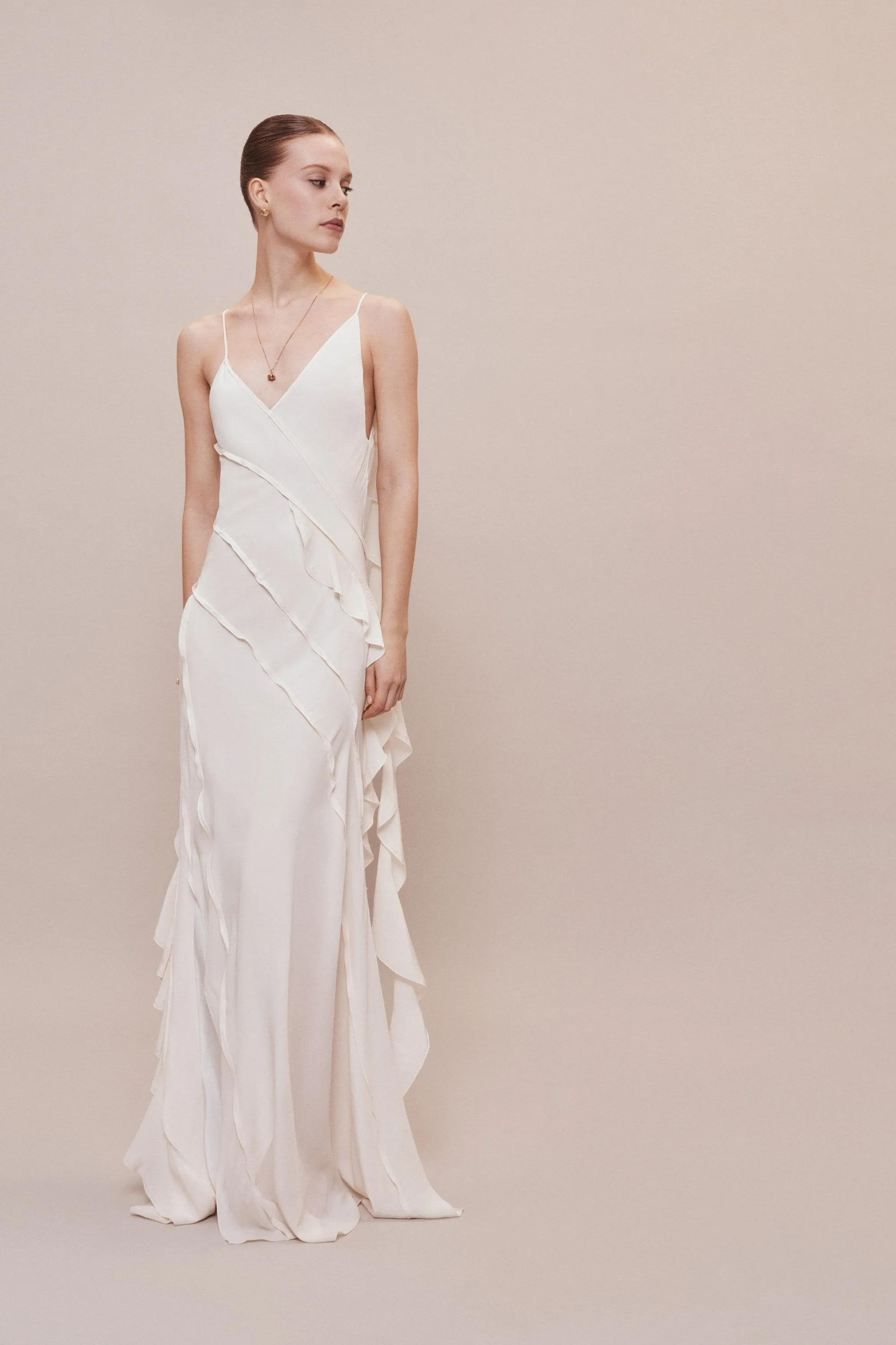 Asymmetric Bias Frill Dress In Ivory
