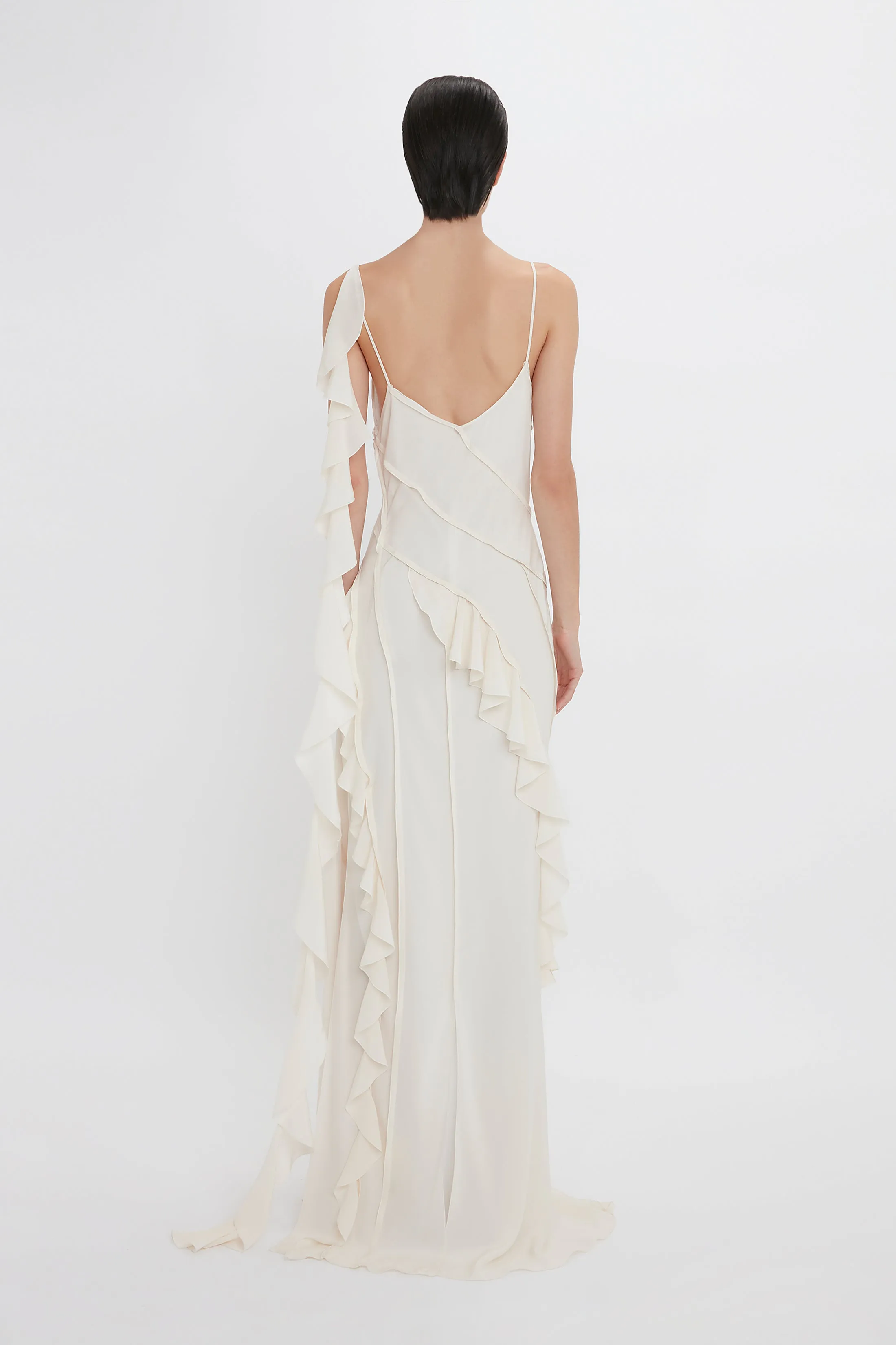 Asymmetric Bias Frill Dress In Ivory