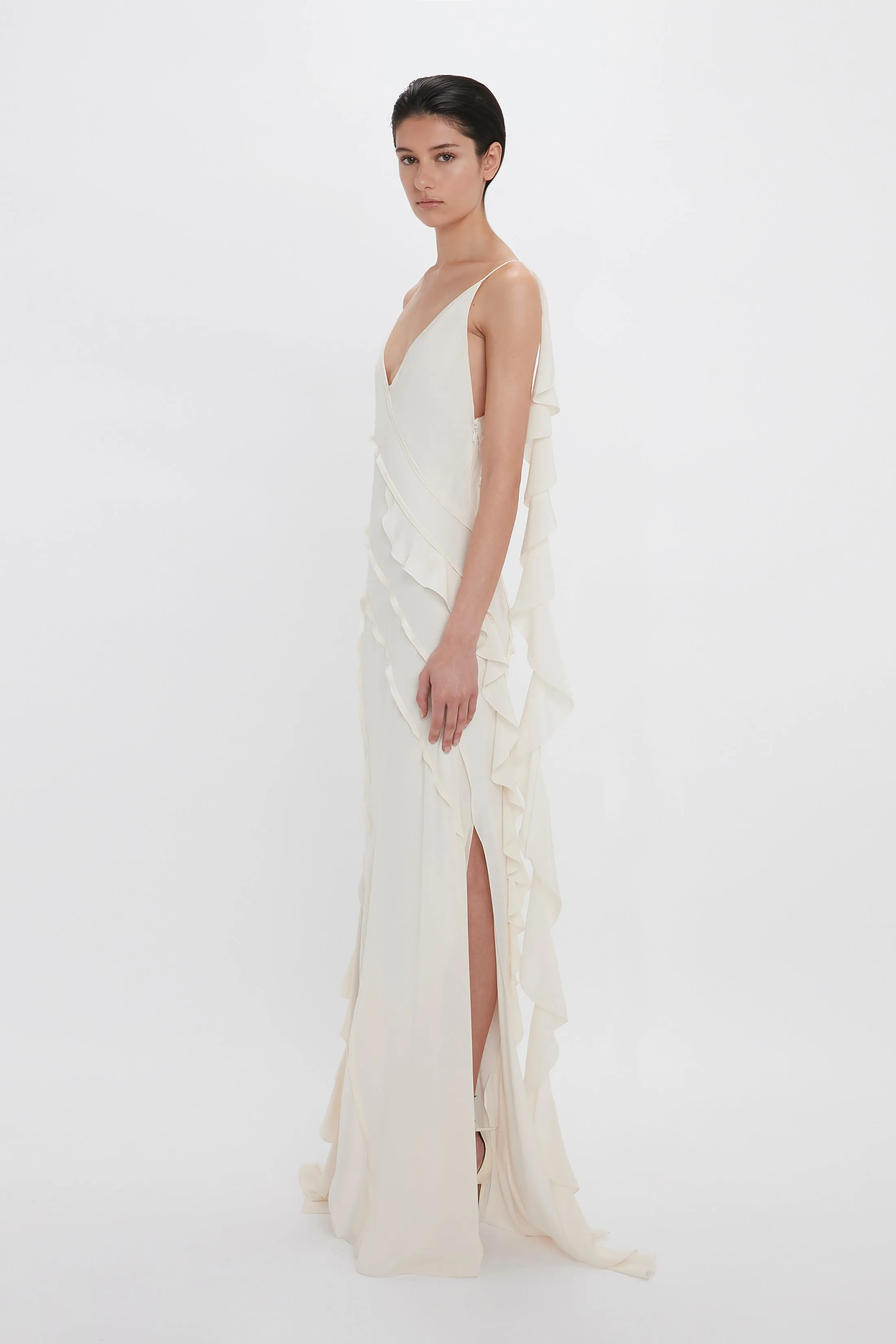 Asymmetric Bias Frill Dress In Ivory