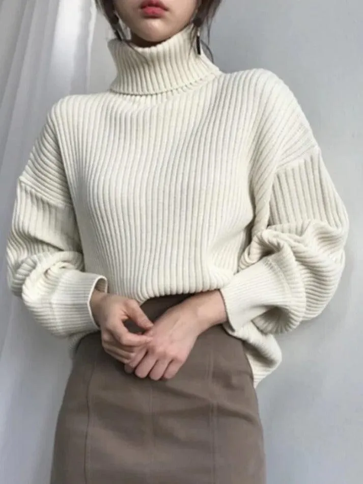 Back To School Sonicelife Solid Turtleneck Ribbed Knit Sweater