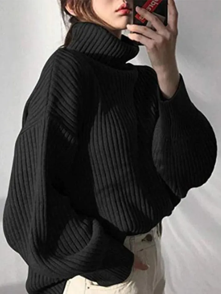 Back To School Sonicelife Solid Turtleneck Ribbed Knit Sweater