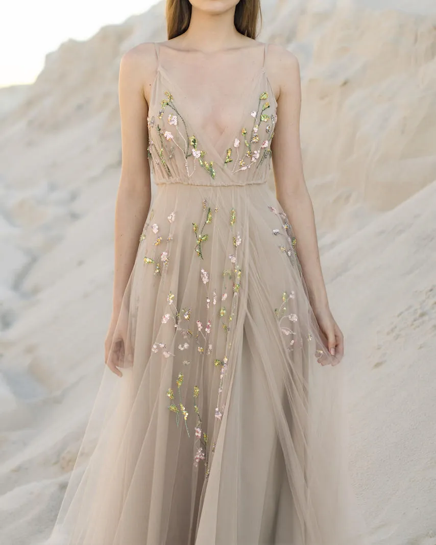 Backless Prom Dresses with Slit A Line Embroidery Beautiful Beach Open Back Prom Dress JKL1508
