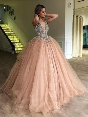 Ball Gown Prom Dresses Straps V-neck Floor-length Sparkly Long Prom Dress JKL1196