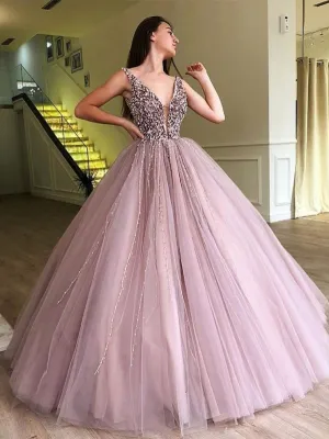 Ball Gown Prom Dresses with Straps Deep V Sparkly Prom Dress Long Evening Dress JKL1419