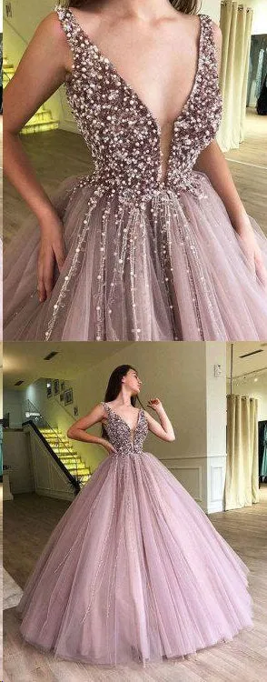Ball Gown Prom Dresses with Straps Deep V Sparkly Prom Dress Long Evening Dress JKL1419