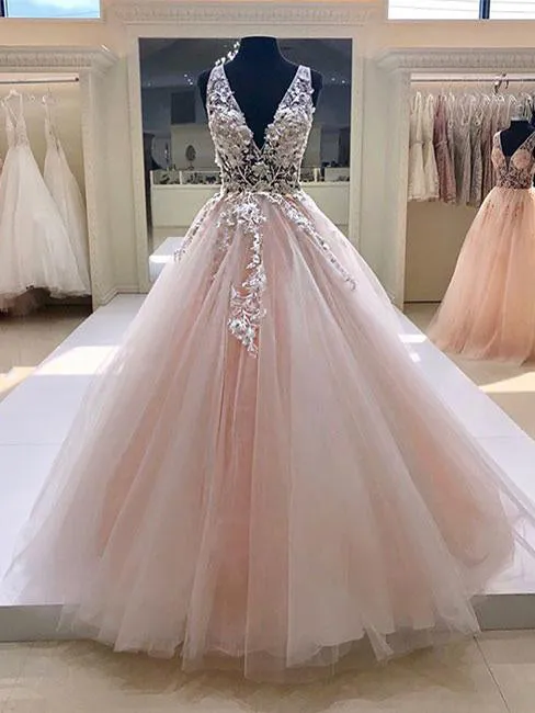 Beautiful Prom Dresses with Straps Deep V Aline Long Blush Pink Prom Dress JKL1376