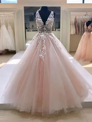 Beautiful Prom Dresses with Straps Deep V Aline Long Blush Pink Prom Dress JKL1376