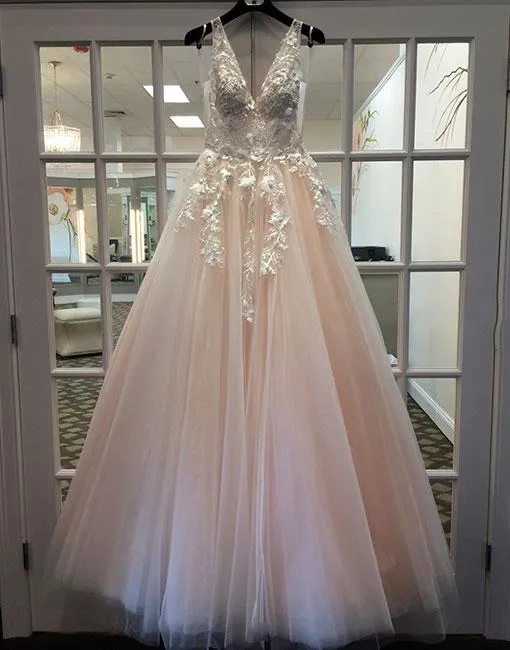 Beautiful Prom Dresses with Straps Deep V Aline Long Blush Pink Prom Dress JKL1376