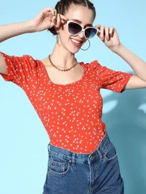 Berrylush Women Deep Red & White Floral Printed Scoop Neck Cotton Regular T-Shirt