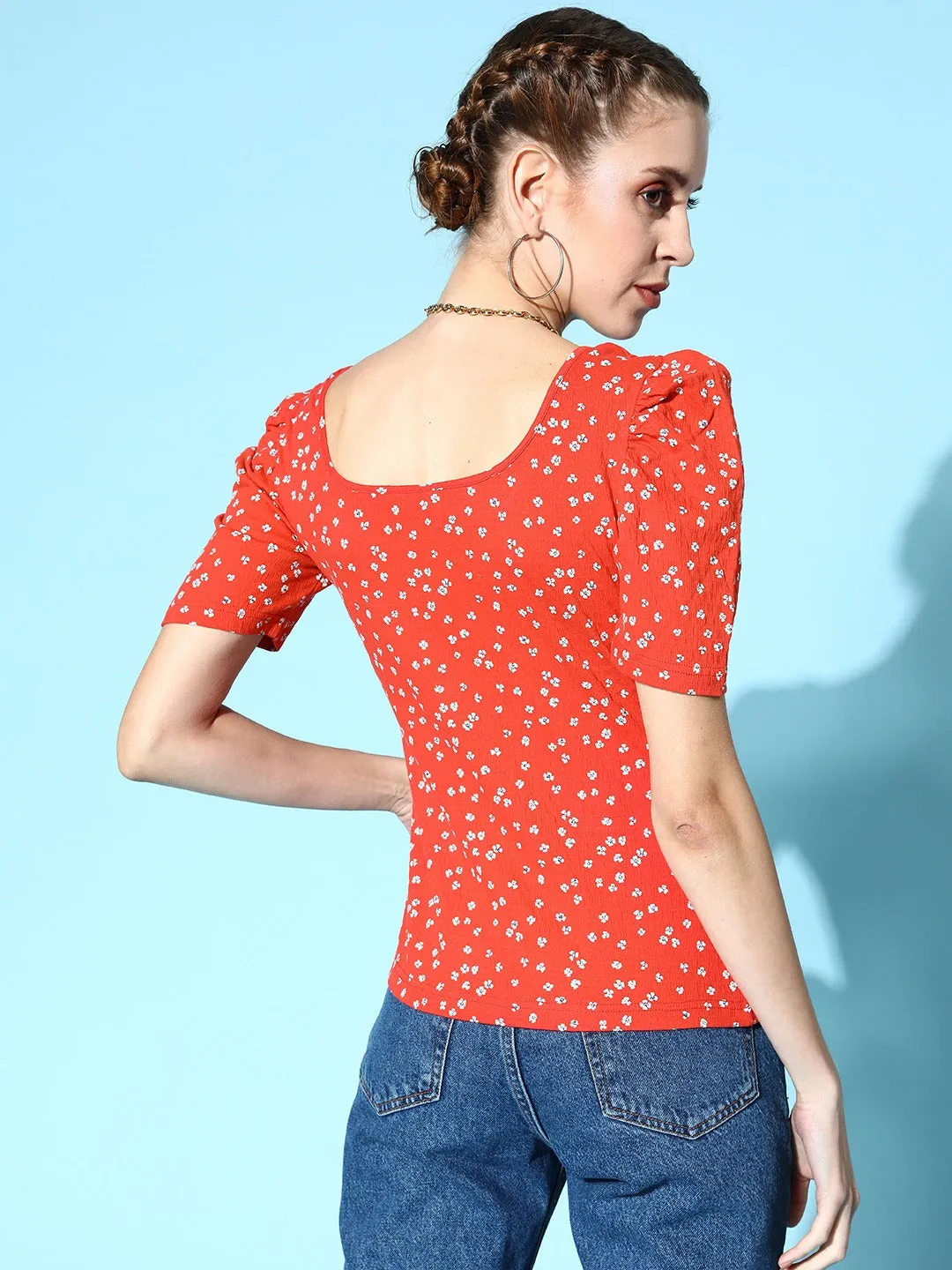 Berrylush Women Deep Red & White Floral Printed Scoop Neck Cotton Regular T-Shirt