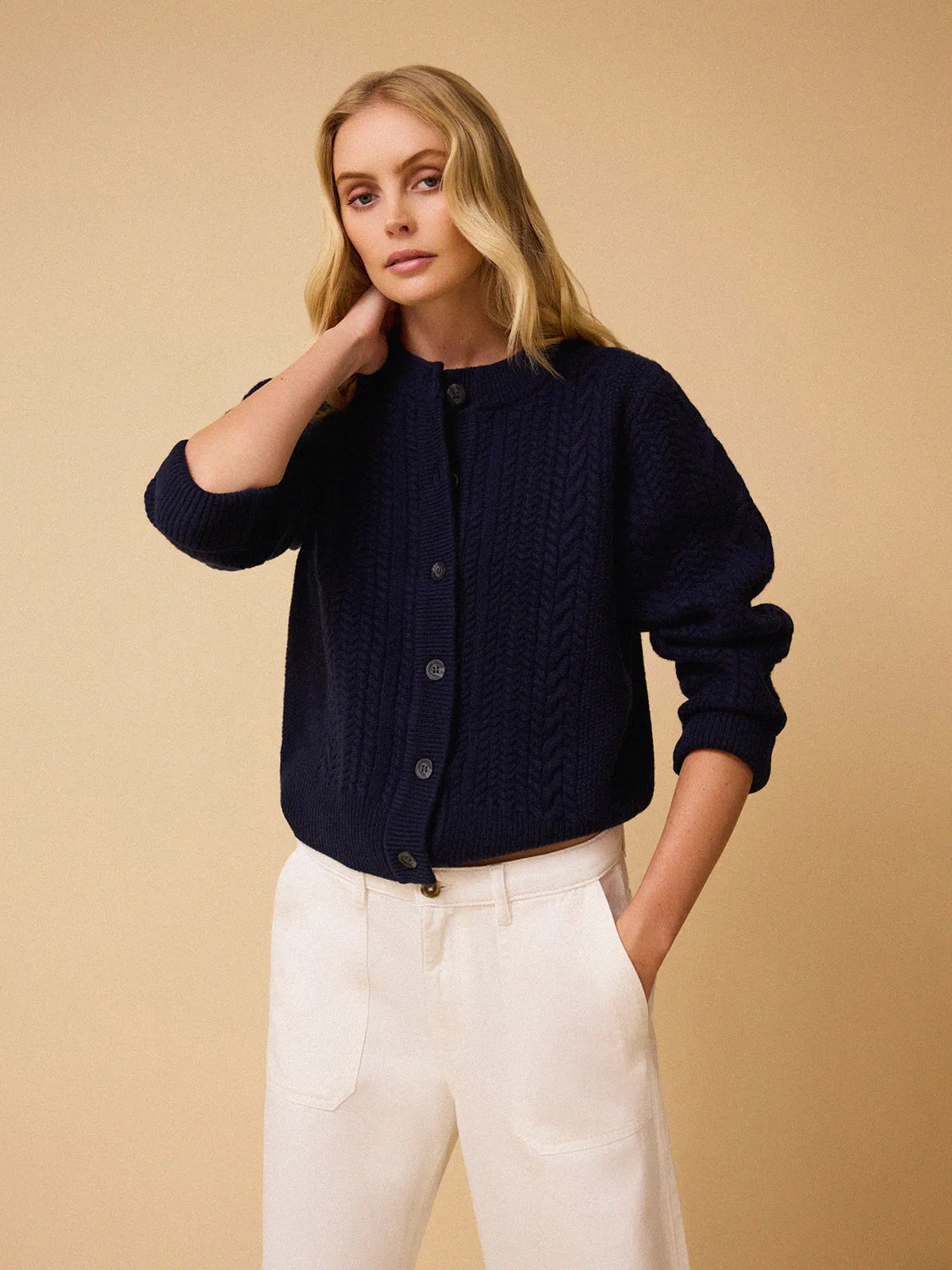 Blair Cable Knit Merino Cardigan - Navy
