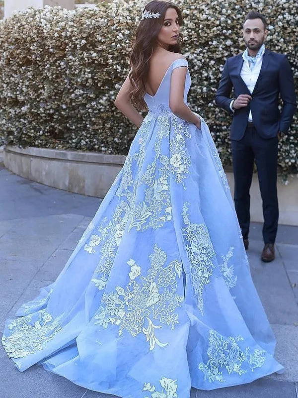 Blue Ball Gown Off-the-Shoulder Applique Tulle Sweep/Brush Train Dresses GJS138