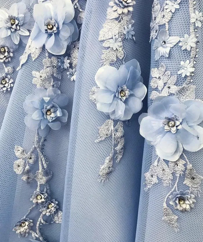 Blue Satin A-line Off-the-shoulder Lace Sweetheart 3D Flowers Prom Dresses GJS207