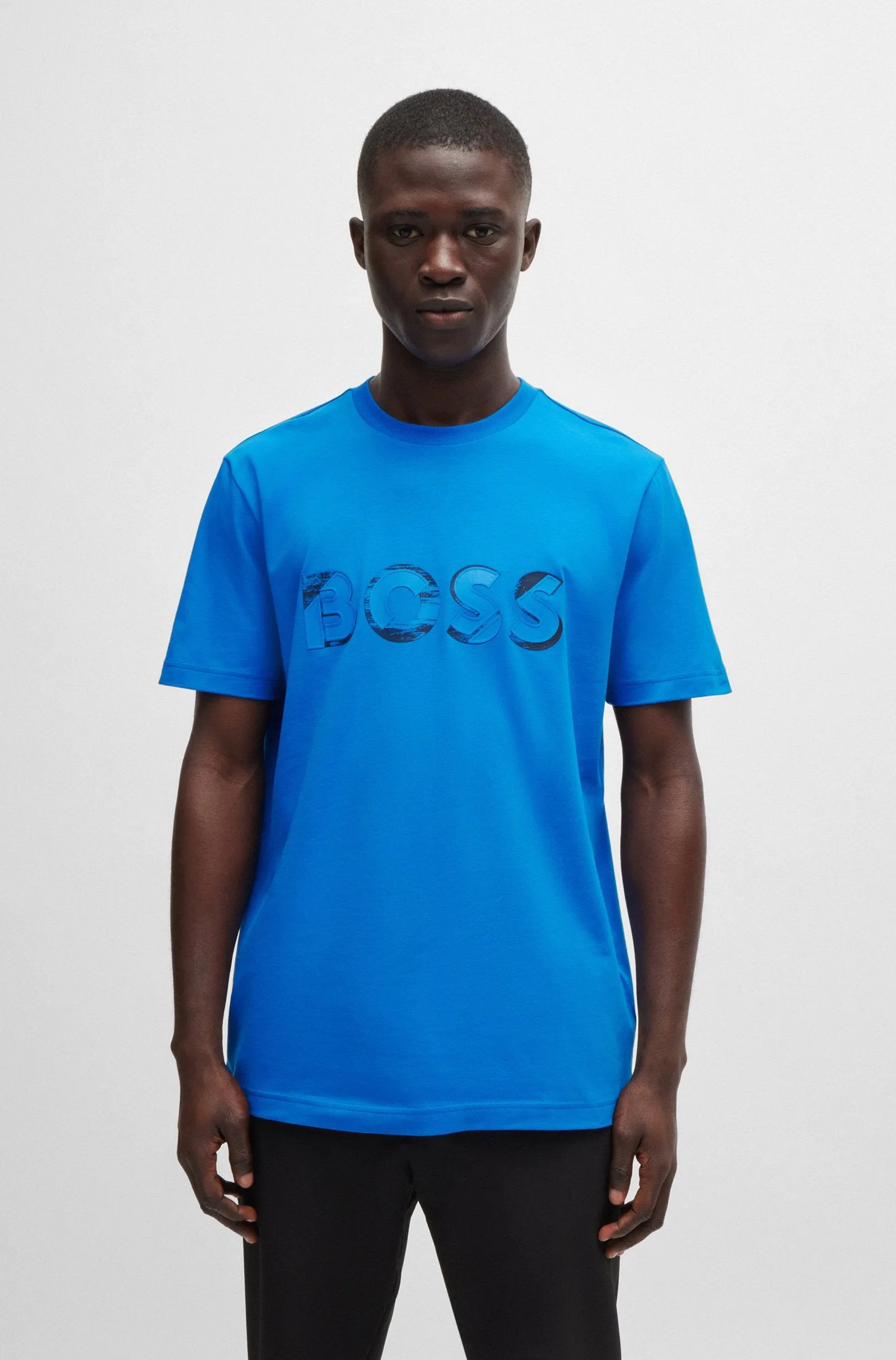 Boss Stretch-Cotton Short-Sleeved T-Shirt with Logo Artwork - Blue