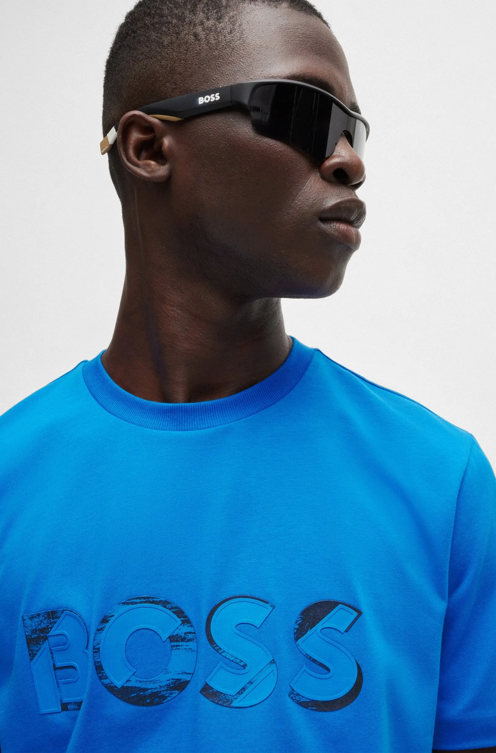 Boss Stretch-Cotton Short-Sleeved T-Shirt with Logo Artwork - Blue
