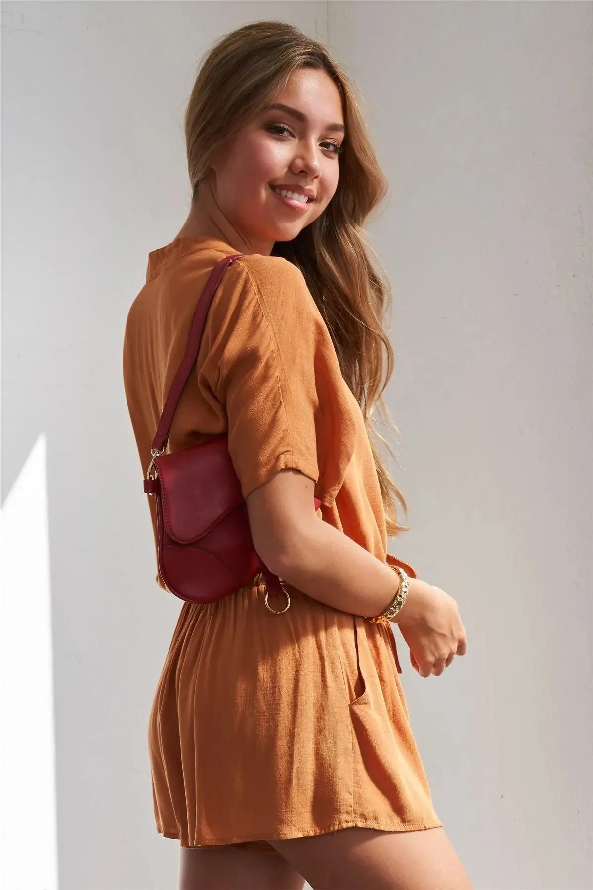 Caramel Relaxed Fit Front Tie Short Sleeve Romper /3-2-1