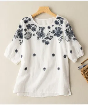 CHICMY- Women's Spring Summer Floral Blouse Top Cotton Embroidery Floral Shirt Top