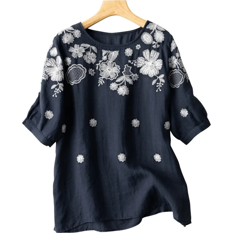 CHICMY- Women's Spring Summer Floral Blouse Top Cotton Embroidery Floral Shirt Top