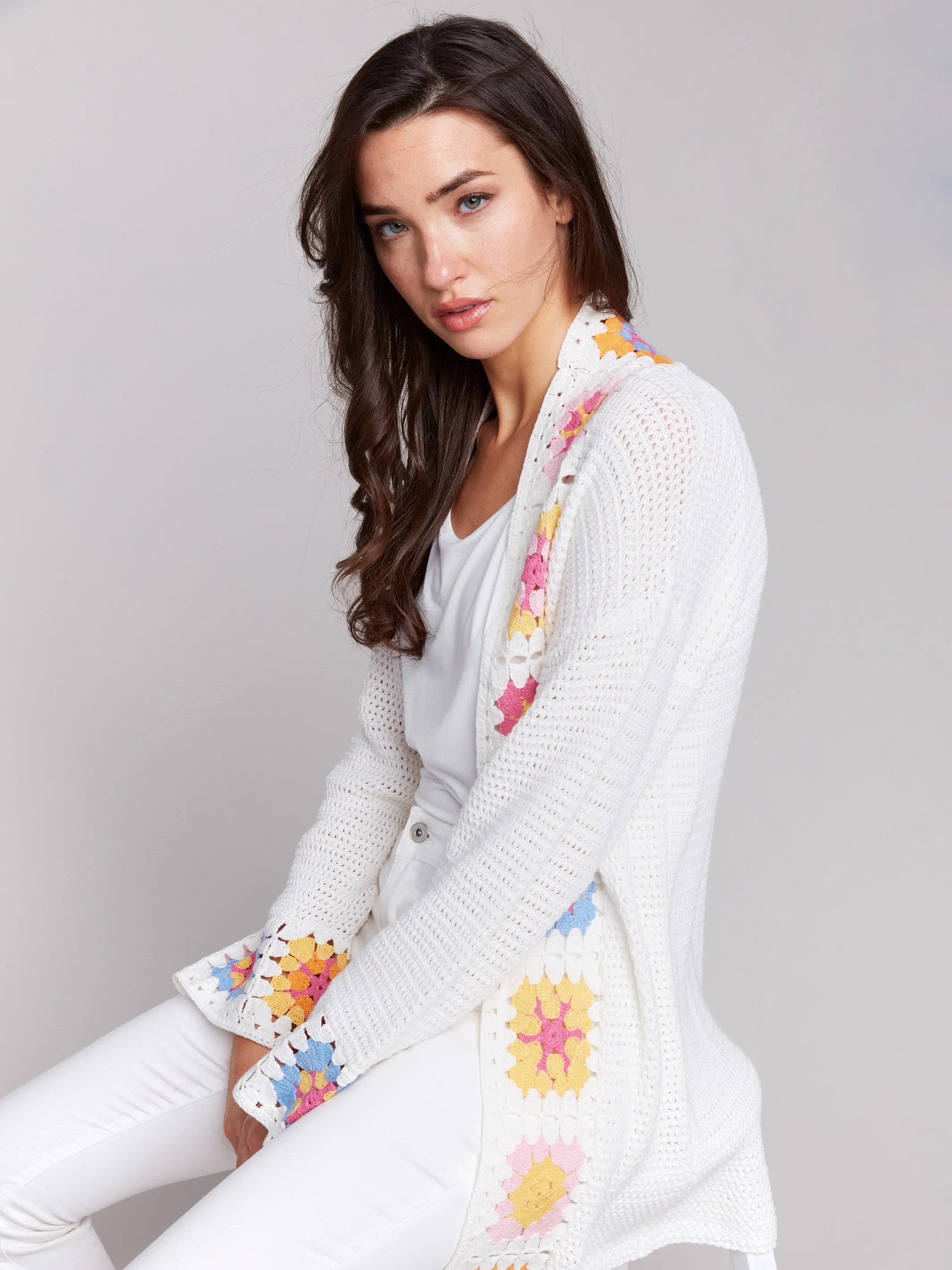 Cotton Crochet Border Cardigan - Natural