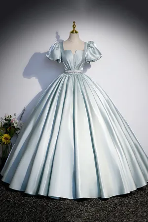Cute Satin Floor Length Prom Dress, A-Line Short Sleeve Evening Party Dress