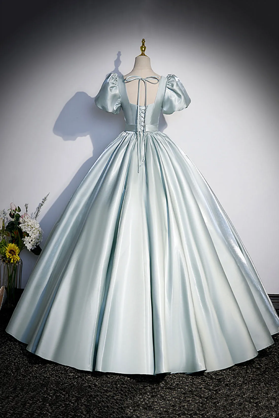 Cute Satin Floor Length Prom Dress, A-Line Short Sleeve Evening Party Dress