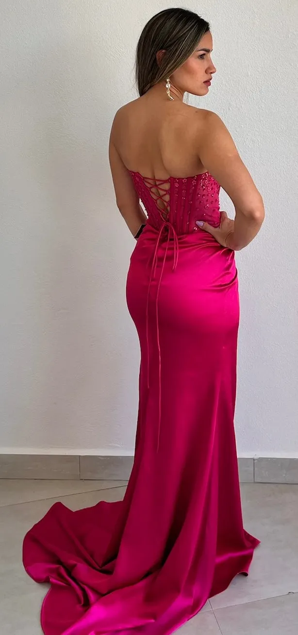 Daisys & Glam Corset Fuchsia Satin Formal Gown