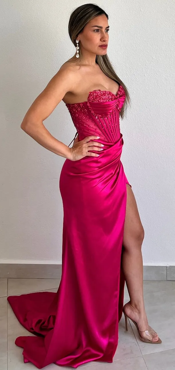 Daisys & Glam Corset Fuchsia Satin Formal Gown