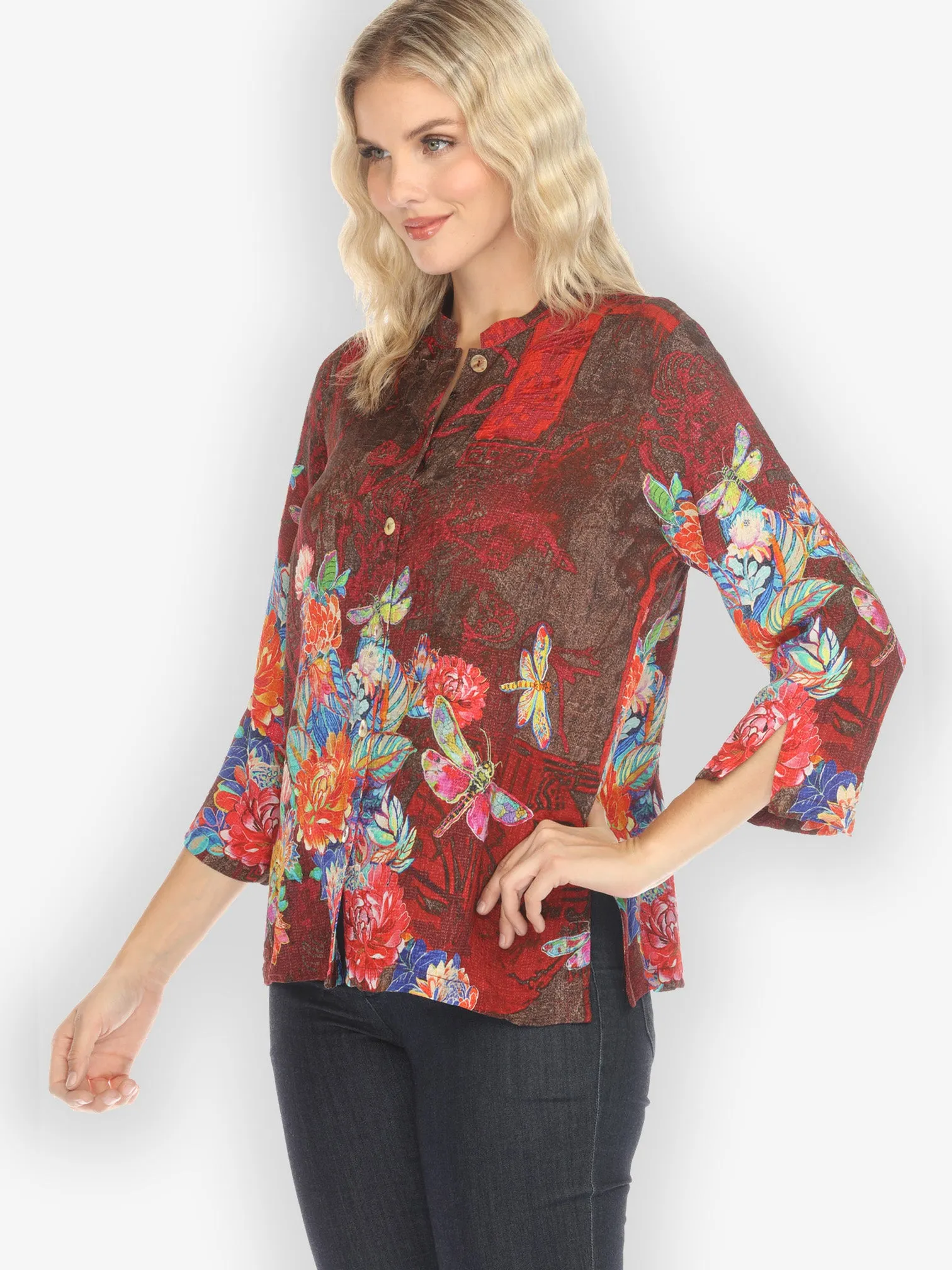 Dragonfly and Chrysanthemum Silk Blend Blouse