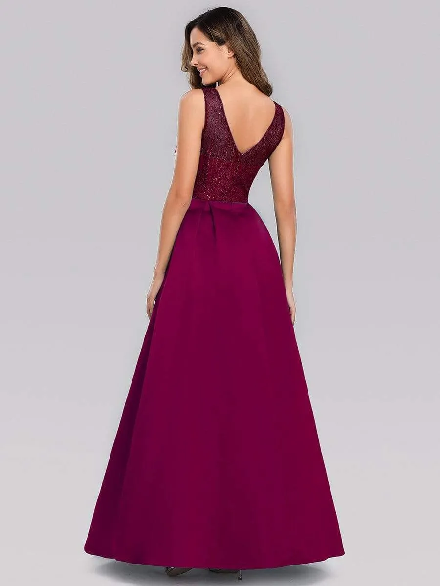 Elegant Deep V Neck Floor Length Sparkly Evening Gown Dresses