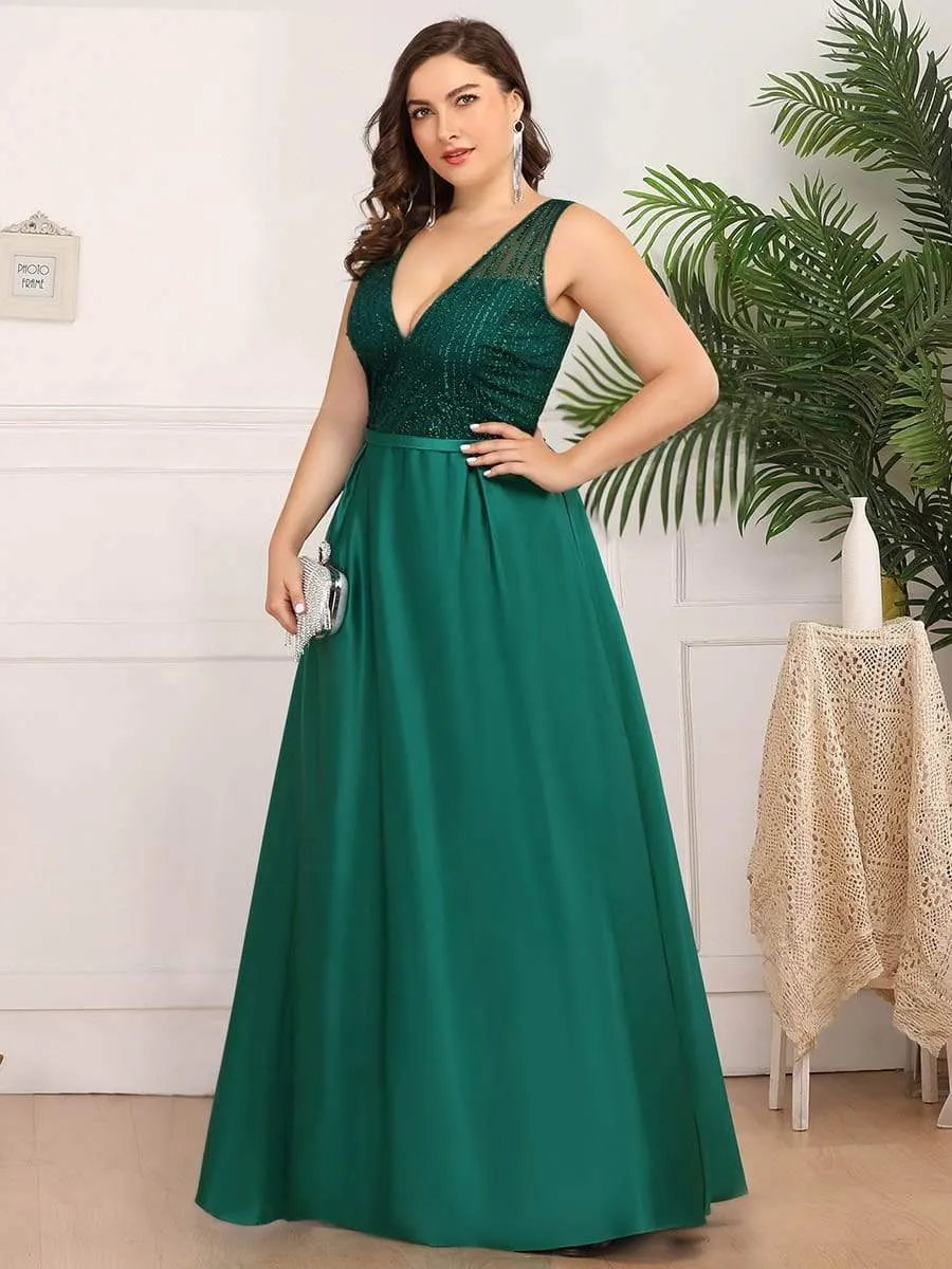 Elegant Deep V Neck Floor Length Sparkly Evening Gown Dresses