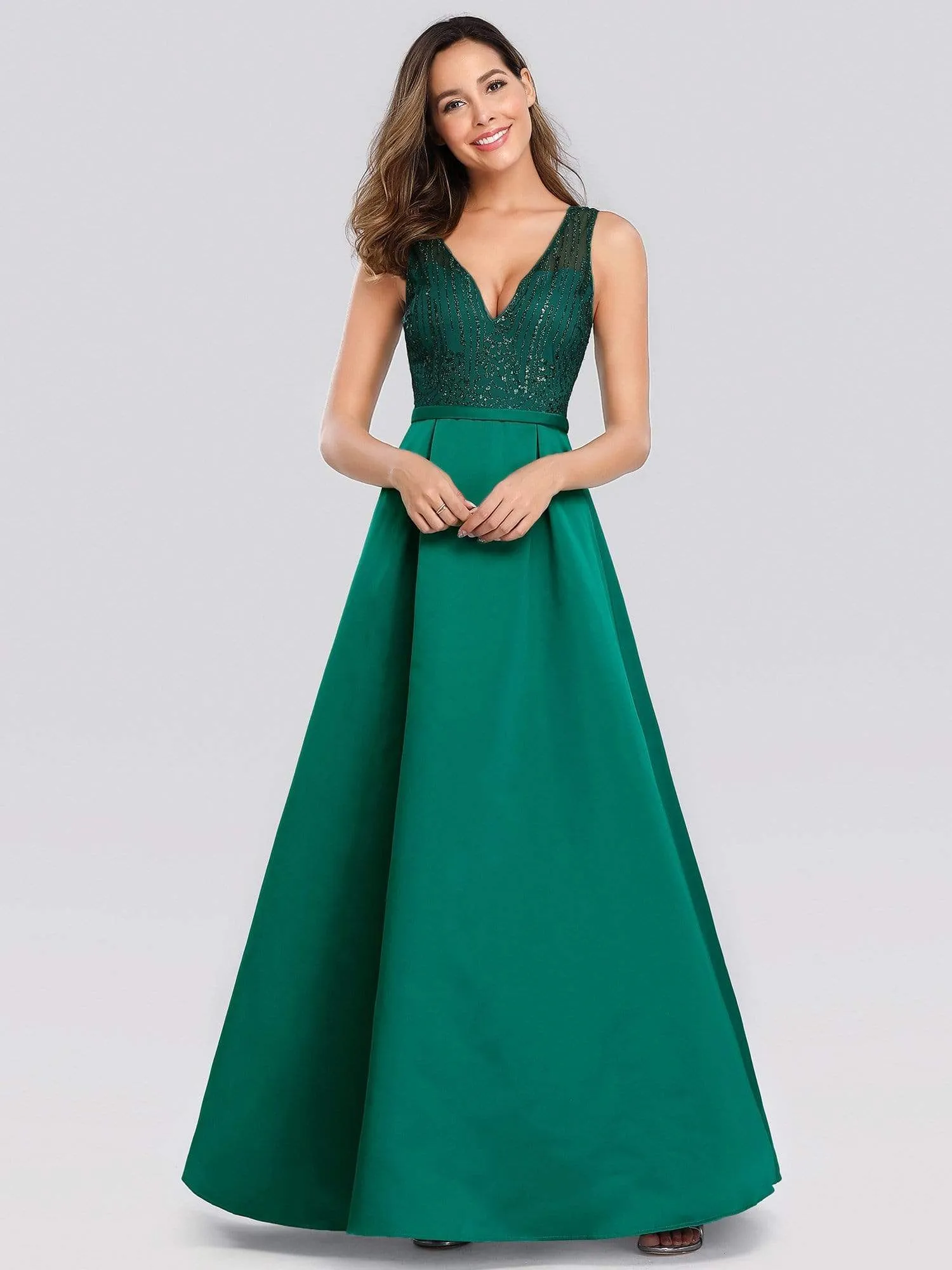 Elegant Deep V Neck Floor Length Sparkly Evening Gown Dresses