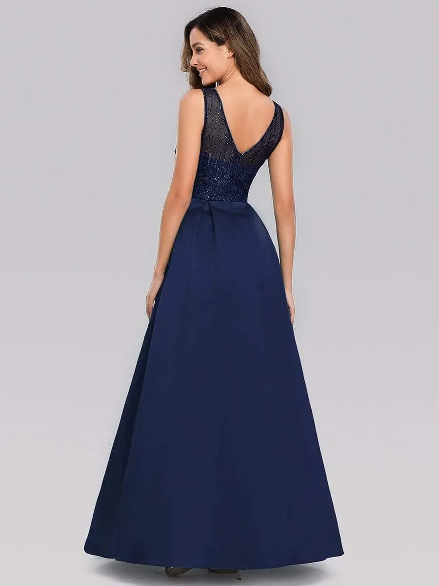 Elegant Deep V Neck Floor Length Sparkly Evening Gown Dresses