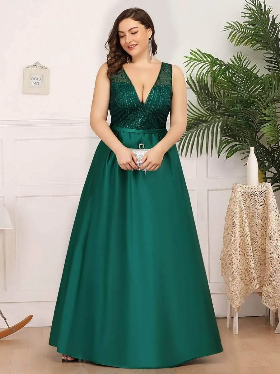 Elegant Deep V Neck Floor Length Sparkly Evening Gown Dresses