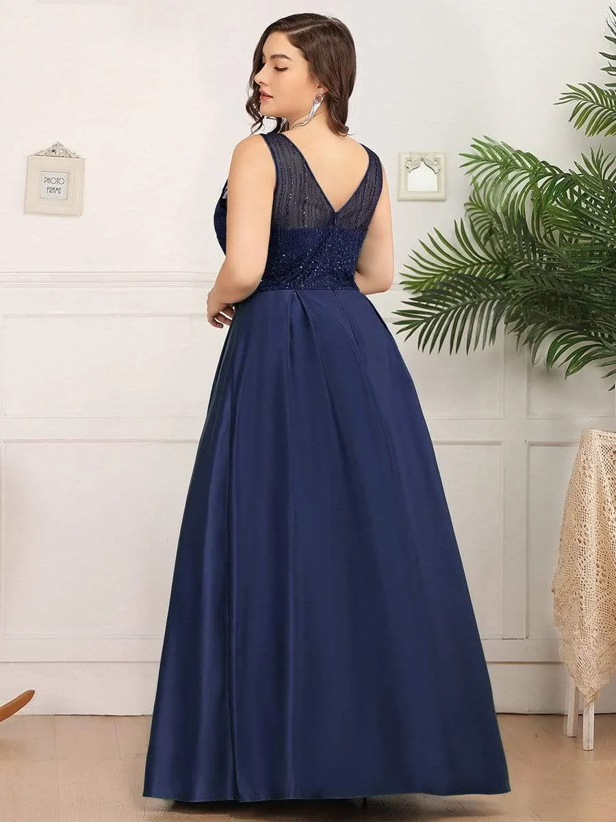 Elegant Deep V Neck Floor Length Sparkly Evening Gown Dresses