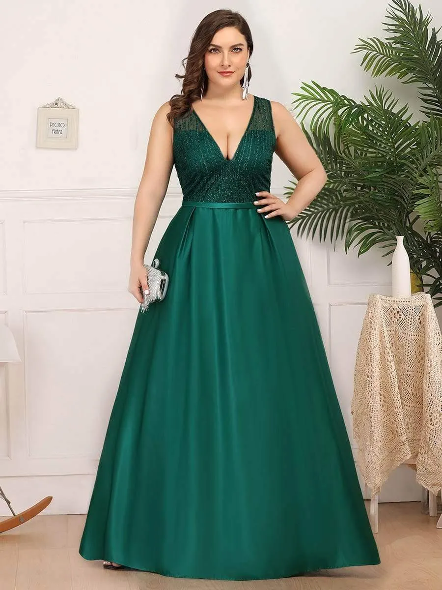 Elegant Deep V Neck Floor Length Sparkly Evening Gown Dresses