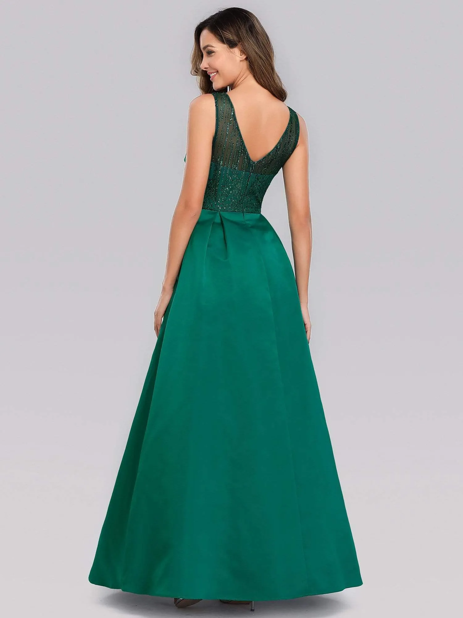 Elegant Deep V Neck Floor Length Sparkly Evening Gown Dresses